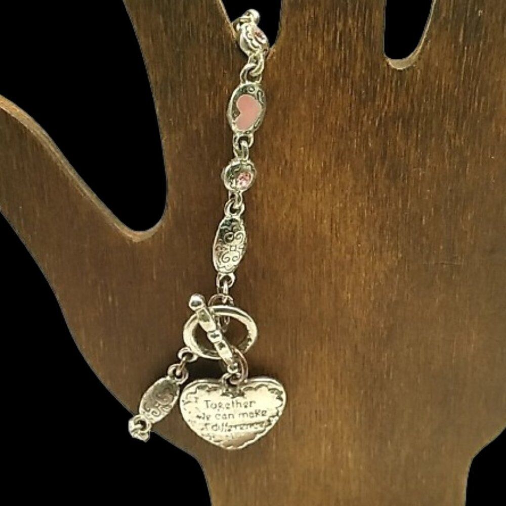 Together We Can Make A Difference Silver-tone Pink Enamel Hearts Crystal Bracele